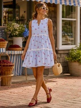 NWT Rachel Zoe Sleeveless Blue Striped Cherry Tiered Dress